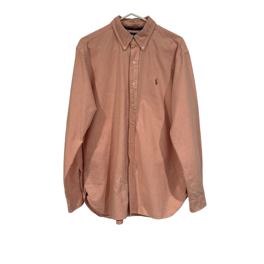 Ralph Lauren Shirt Mens Large Button Down Peach Cotton Custom Fit Long Sleeve